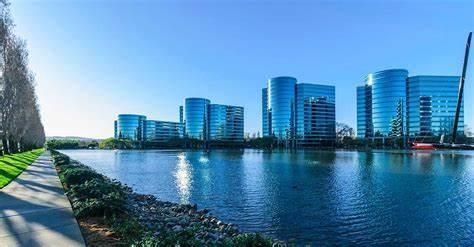 Glass office buildings by the water in Silicon Valley, California