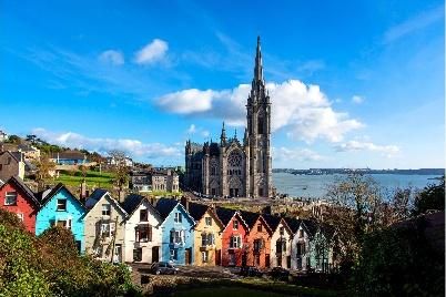 Colourful houses and the cathedral in Cobh, County Cork